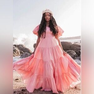 Jessakae Luna Maxi Dress Pink Rose Puff Sleeve Smocked Hyperfeminine Regency XXL